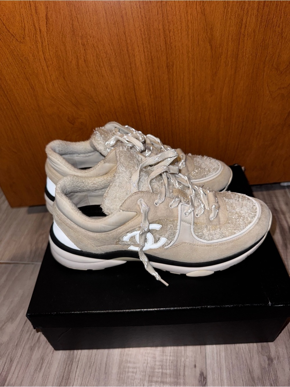 CHANEL Beige Suede & Shearling Low-Top Sneakers with Logo Accent